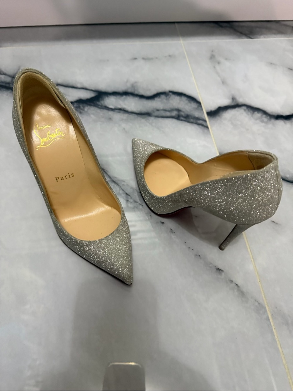 Christian Louboutin Silver Glitter Pointed Stiletto Pumps